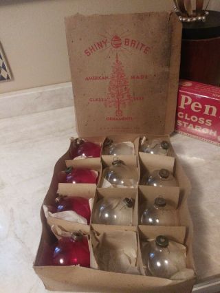 Vintage Early Shiny Brite Christmas 11 Ornaments & Box K & W Glass Clear