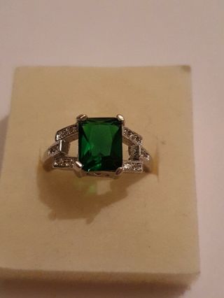 Vintage Art Deco Emerald Green And Paste Glass Sterling Silver Ring