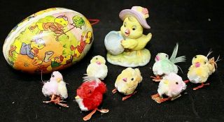 Vintage Easter Decor,  Paper Mache Eggs Germany Chenille Chicks & A Josef