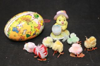 VINTAGE Easter Decor,  Paper Mache Eggs GERMANY Chenille Chicks & a Josef 2