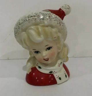 Vintage Inarco Japan Christmas Girl Lady Head Vase E - 1274 Red Fur Blonde - Napco