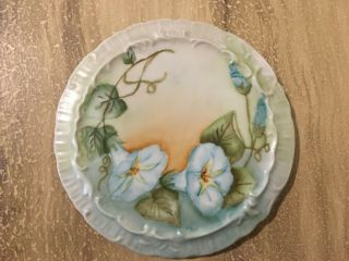 Vintage Ceramic Hot Plate Tea Trivet Hand Painted Morning Glory Hollyhocks Blue