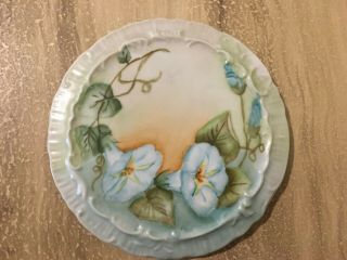 Vintage Ceramic Hot Plate Tea Trivet Hand Painted Morning Glory Hollyhocks Blue 2