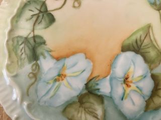 Vintage Ceramic Hot Plate Tea Trivet Hand Painted Morning Glory Hollyhocks Blue 3