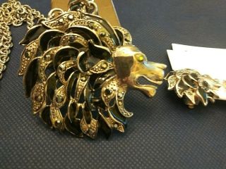 Vintage Silvertone Lion Necklace And Clip Earrings Set