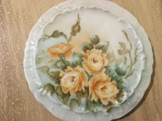 Vintage Porcelain Ceramic Hot Plate Tea Trivet Hand Painted Signed Yellow Roses