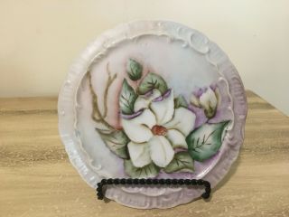 Vintage Porcelain Ceramic Hot Plate Tea Trivet Hand Painted Signed White Flower