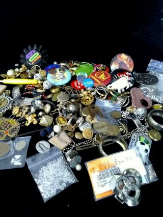 Vintage Huge Odds / Ends Junk Drawer Jewelry Misc Items Coins Metals Military