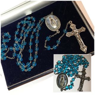 Vintage Jewellery Silver & Blue Crystal Rosary Beads Necklace Inri