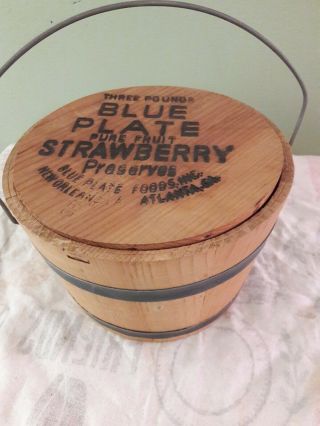 Vintage 3 Lb Blue Plate Pure Fruit Strawberry Preserve Banded Wood Bucket