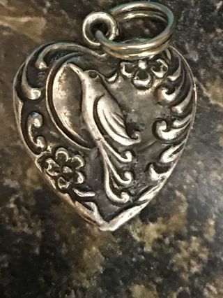 Vintage Sterling Puffy Heart Charm: Tropical Bird,  1940’s,  “betty T”