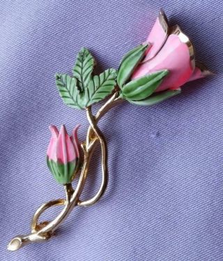 Vintage Tall Enamel Pink Rose Flower & Bud Brooch