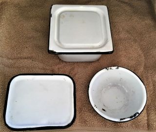 Trio Two Vintage Enamelware Refrigerator Dishes Lids White/black Rim And Bowl
