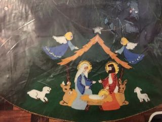 Vtg Bucilla Nativity Christmas Tree Skirt Kit Jeweled 45 " Green Felt 3576 Opened