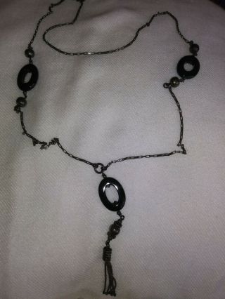 Vintage Art Deco Sterling Silver Oval Black Onyx Tassel Long Chain Necklace 33 "