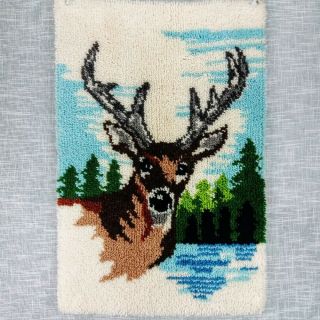Vintage Buck Trees Latch Hook Rug Wall Hanging Completed Deer Stag Large 24x36 "