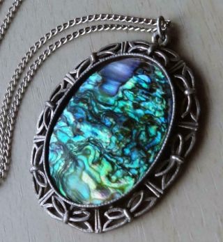 Vintage Large Abalone Shell Pierced Metal Pendant Necklace