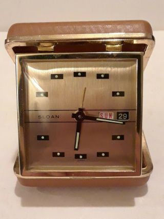 Vintage Sloan Travel Day & Date Alarm Clock In Folding Brown Case Japan