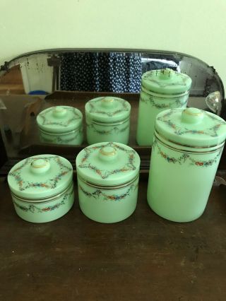 Vintage Opaline Green Glass Dresser Vanity Jar Set