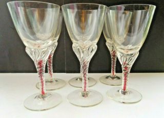Set 6 Vintage Liqueur Glasses With Twist Stem With Red Stripe In Middle