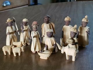 Vintage Made In Nigeria Hand Carved Thorn Wood 13 Piece Nativity Set