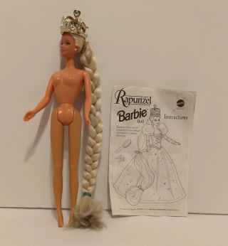 Nude Mattel Rapunzel 1997 Barbie Doll Blonde Hair Crown With Instructions Vtg