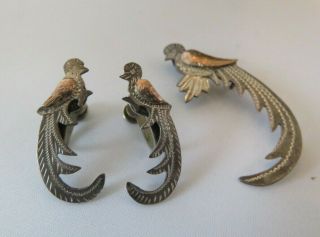 Pin & Earrings Set Signed Guatemala Quetzal Bird Silver Ornate Detailing Vintage