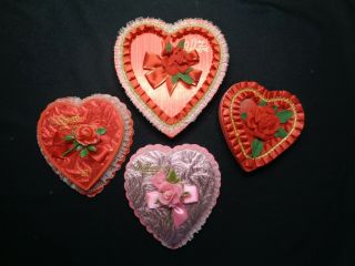 4 Vintage Valentine Heart Shaped Chocolate Candy Boxes Foil Lace And Red Fabric