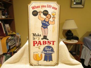Vintage Pabst Blue Ribbon Beer Weightlifter Wooden Sign