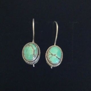 Vintage Artisan 925 Sterling Silver Bezel Set Turquoise Drop Dangle Earrings