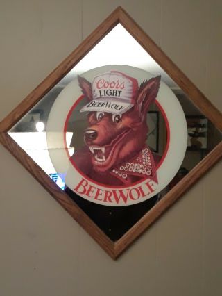 Vintage Coors Light Beer Wolf Framed Mirror Pub Bar Sign 1986 15in Sqr