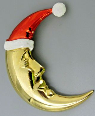 Vintage Jewelry Signed Jj Christmas Santa Man In Moon Brooch Pin Rhinestone Loti