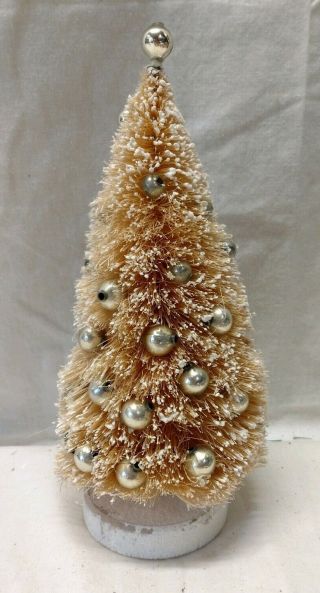 Vintage Japan White Bottle Brush Christmas Tree Decorated 9 " Silver Glass Beads