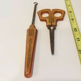 Vintage Button Hook And Scissors With Bakelite Handle