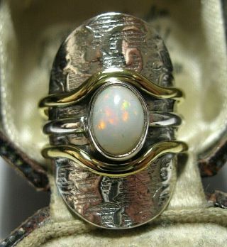 Vintage Style Modernist Sterling Silver Gold Real Fire Opal Stone Ring Size O 7