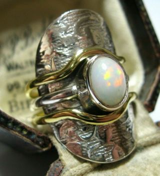 Vintage Style Modernist STERLING SILVER Gold Real Fire OPAL Stone RING Size O 7 2