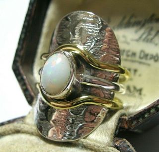 Vintage Style Modernist STERLING SILVER Gold Real Fire OPAL Stone RING Size O 7 3