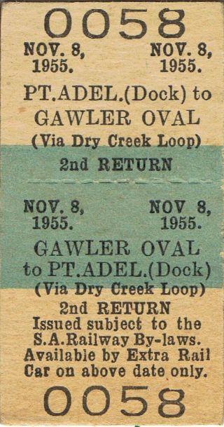 Railway Tickets Sar Port Adelaide Dock To Gawler Oval Second Class Return 1955