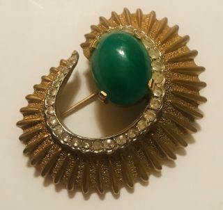 Exquisite Vintage Joseph Mazer Jomaz Jade Glass Cabachon Rhinestones Brooch Pin