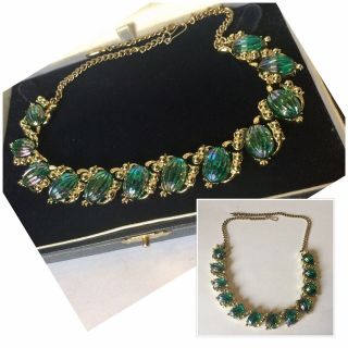 Vintage Costume Jewellery Stunning Gold Tone & Peacock Glass Necklace