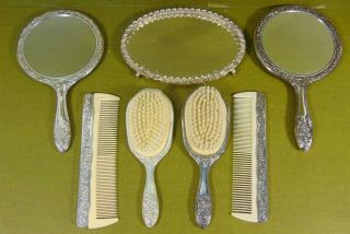 Vintage Silver Plate Vanity Set Hand Mirror Brush Comb Footed Glass Dish Vgc