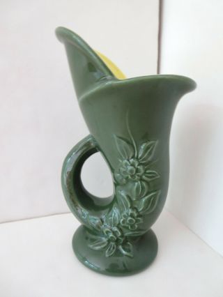 Vtg Red Wing Art Pottery Vase Embossed Floral Open Handle Green Yellow M - 1444