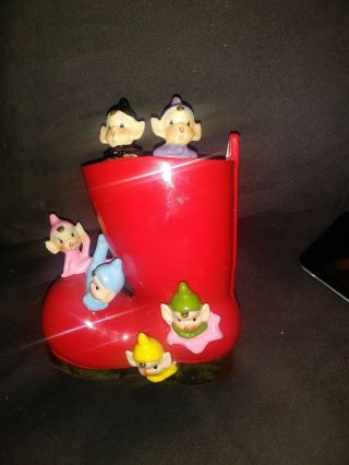 Vtg Christmas Elves Santa Clause Boot Candy Vase Planter Ceramic Japan Priority