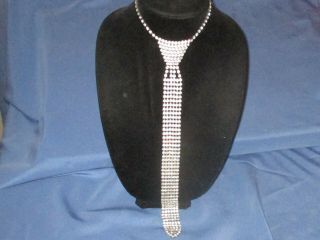 Vintage Silver - Tone Metal Claw Set Clear Rhinestone Necktie Design Necklace