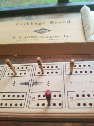 Vintage E.  S.  Lowe Cribbage Board With Pegs And Instructions