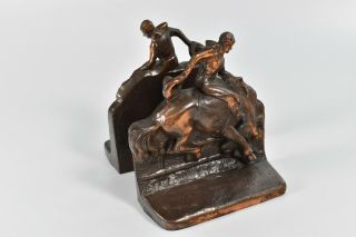 Vintage Bronze Riding Cowboy Rodeo Bucking Bronco Bookends Western Horse Dodge