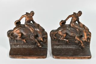 Vintage Bronze Riding Cowboy Rodeo Bucking Bronco Bookends Western Horse Dodge 2