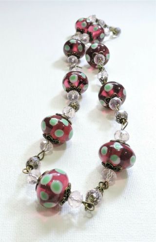Vintage Pink With Green Polka Dots Lampwork Art Glass Bead Necklace De1982