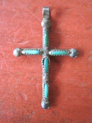 Old Pawn Vintage Zuni Native Sterling Silver Turquoise Cross Pendant