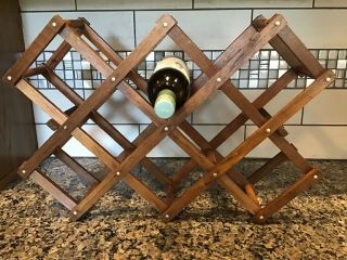 Vtg Mid Century Teak Wood Brass Wine Rack 10 Bottle Danish Bar Folding Accordian